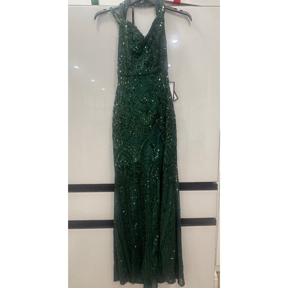 Blondie Nites Green Sequin Embellished Halter Gown With Side Slit Size 3 - Picture 4 of 6